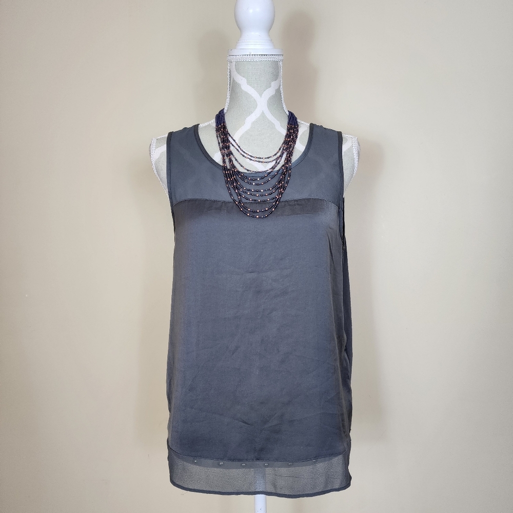 Sophisticated Silky Sheer Sleeveless Shirt Olive Gray Medium